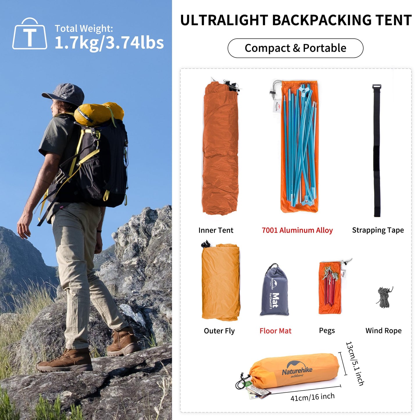 Naturehike Cloud-Up 1 Person Tent Lightweight Backpacking Tent for One Man, Waterproof Ultralight Single Person Tent, Double Layer One Person Tent for Camping Hiking Backpacking (210T Orange)