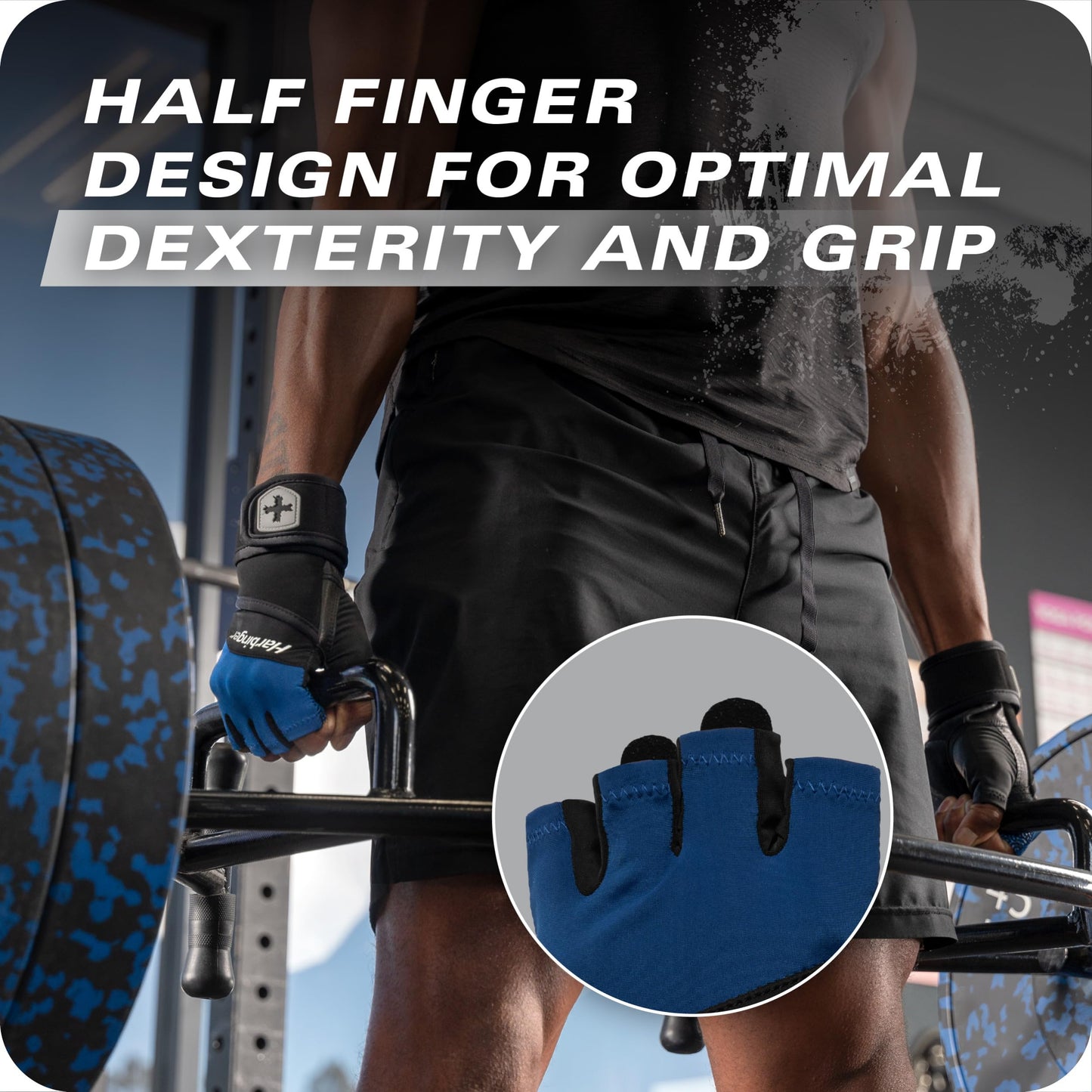 Harbinger Training Grip Wrist Wrap Gloves - Enhanced Grip & Wrist Support, Breathable Lycra Back, Padded Leather Palm, Half-Finger Design, Quick Pull Tabs, Ideal for Weightlifting, Blue, Large