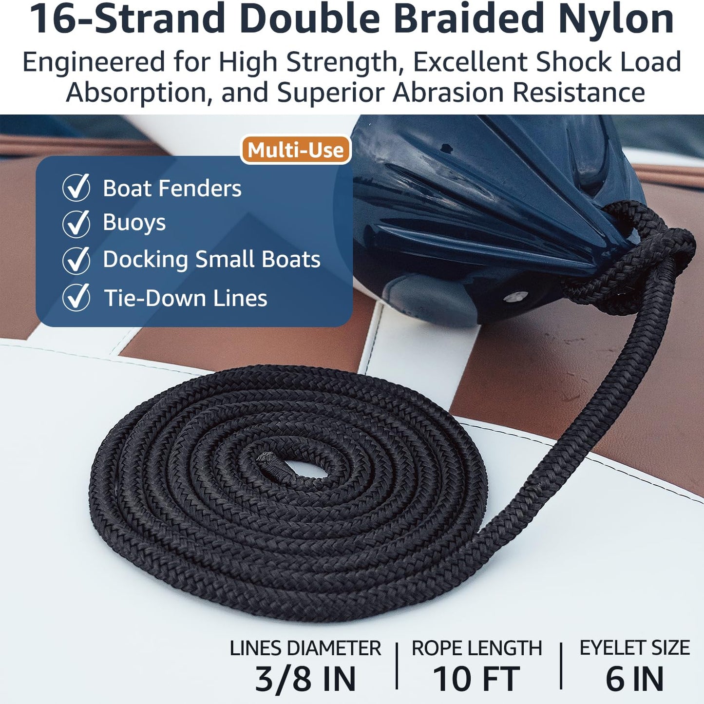 PACTHSD 4 Pack 3/8 Inch x 10 ft Boat Fender Lines - Marine Grade Nylon Boat Rope with 6" Loop for Tying Fenders and Docking - Double Braided Dock Lines, Easy Handling, Fray Resistant, Black