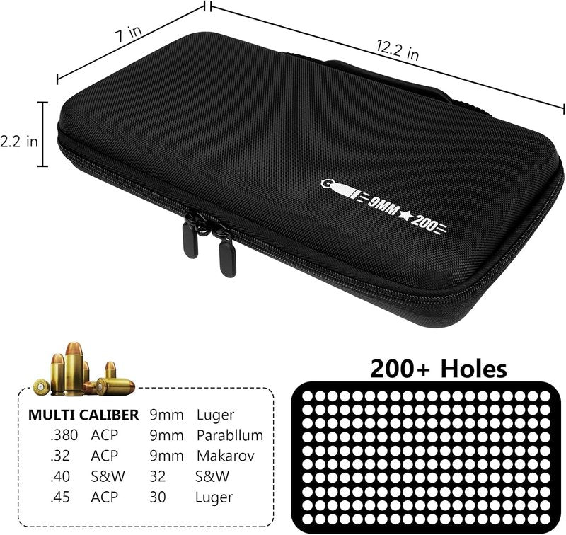 9MM Ammo Case - Locking Travel Safe Storage Box for 200 Rounds | Fits 9MM Luger, 380 ACP, 32 ACP, 40 S&W