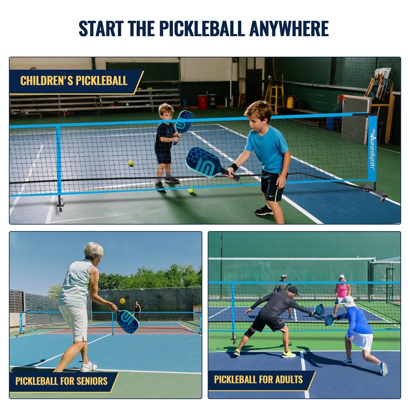AuroraSynth Portable Pickleball Net Set with Wheels, 22 x 3ft Regulation Size Pickle Ball Net with Ball Collector, 4 Pickle Balls, 4 Pickleball Paddles, Carry Bag for Backyards, Driveway, Garage