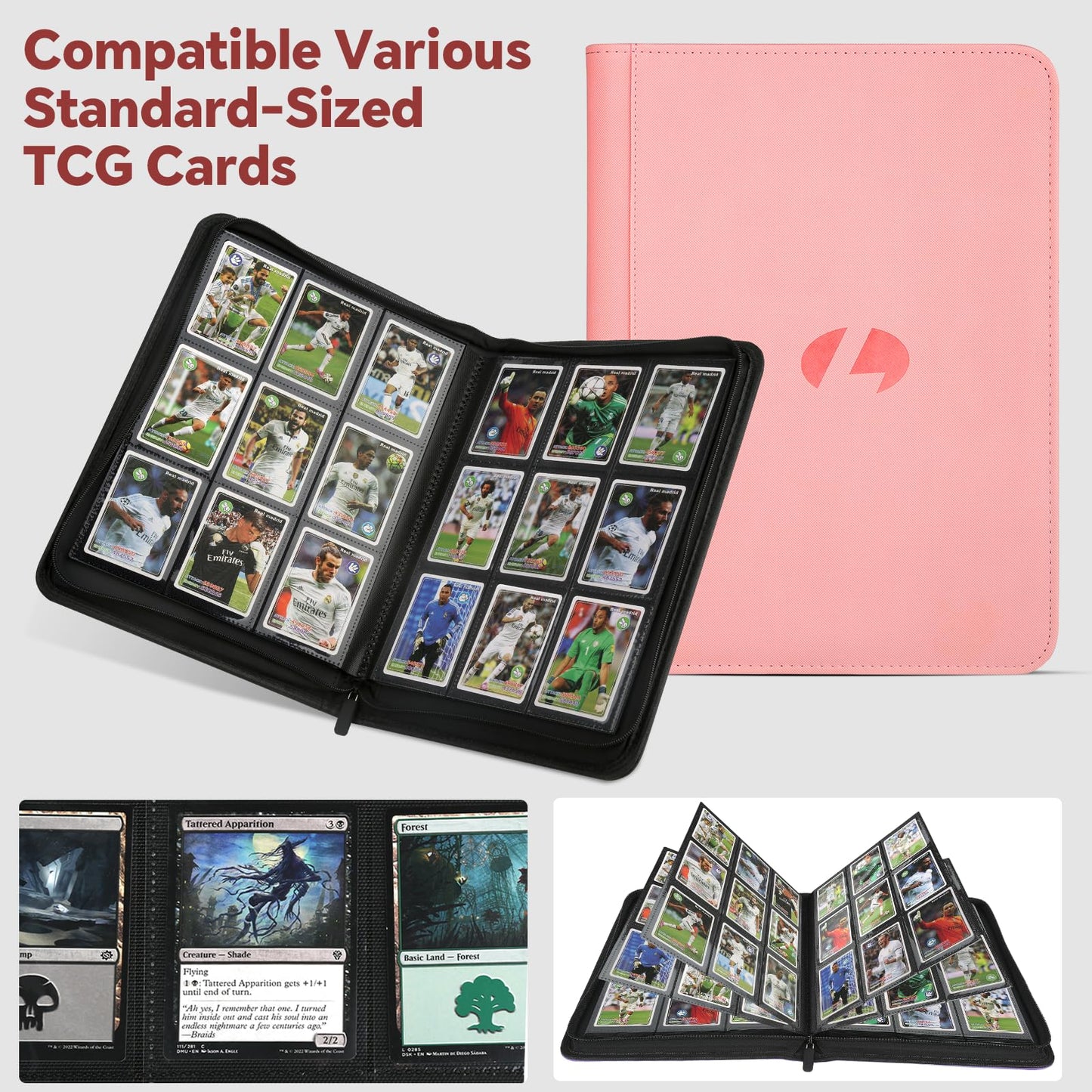 Trading Card Binder, Premium 9-Pocket Double Sided 540 Pocket PU Card Collection Binder, Collectible Trading Card Albums for MTG, TCG, Sports Cards (Pink)
