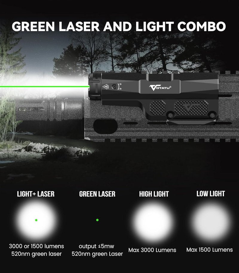 VOTATU 3000 Lumens Laser Light Combo - Strobe Flashlight & Green Laser for Mlok/Picatinny | USB Rechargeable