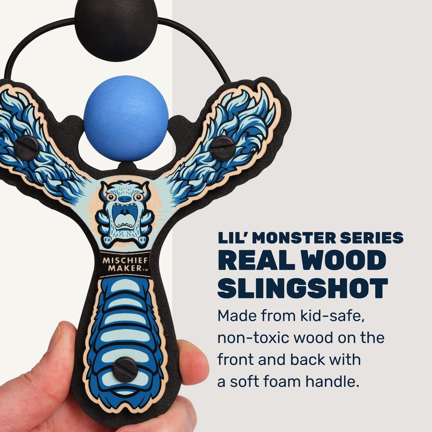 Mighty Fun! - Mischief Maker® Wooden Slingshot - Lil’ Monster Series - Real Wood Slingshot for Kids, 4 Soft Foam Balls and Storage Bag - Ages 4+ (Blue)