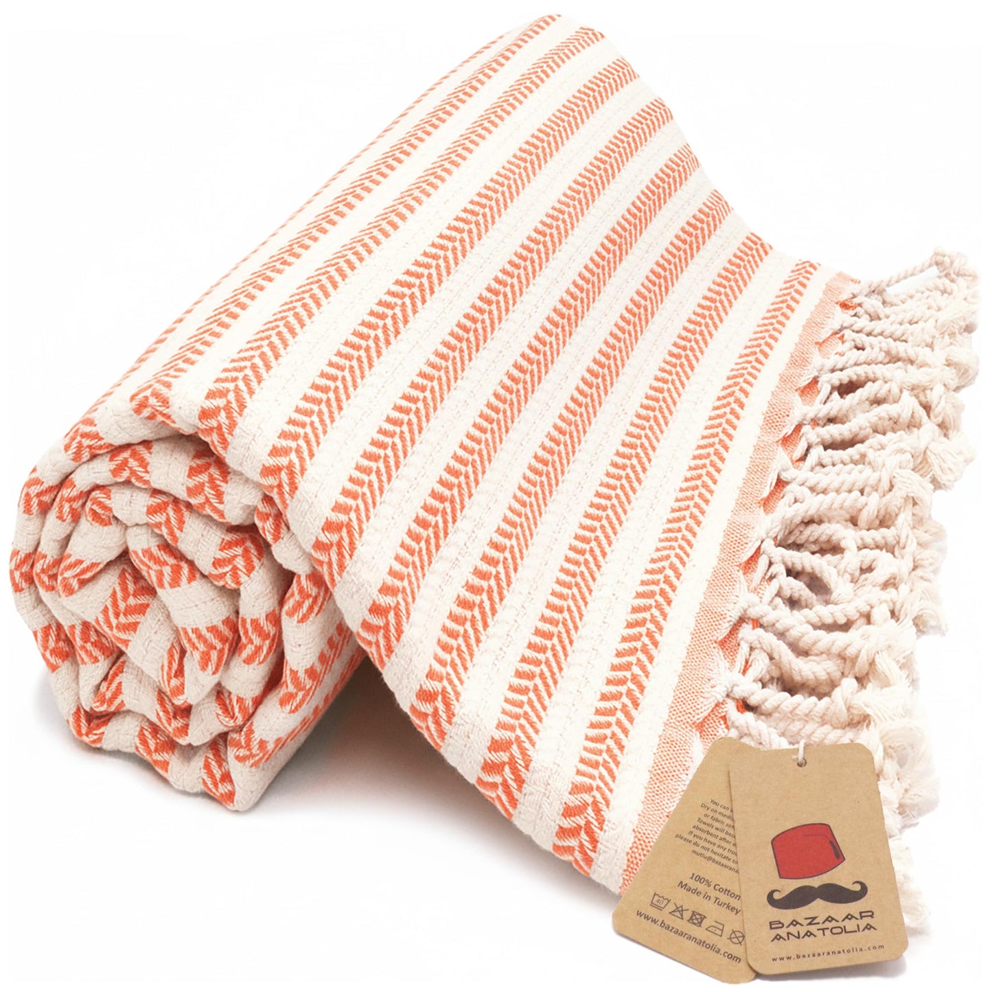 Bazaar Anatolia Turkish Beach Towel – 100% Cotton, Quick Dry, Sand Free Fall Decor Towel for Bathroom and Camping – Oversized 71x39 Inches – Arpa Orange