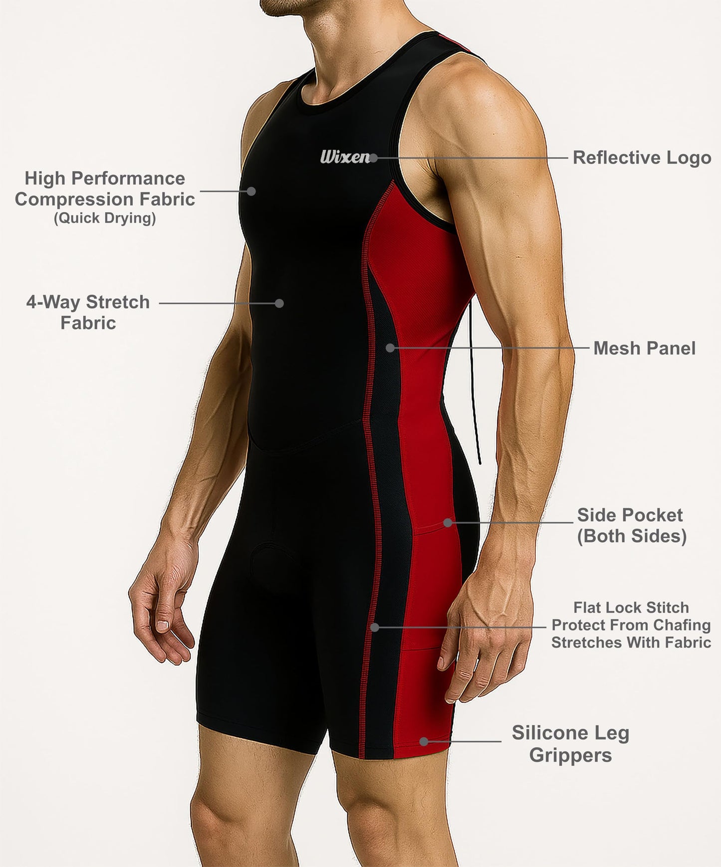 Wixen Men’s Triathlon Suit – Padded One-Piece Sleeveless Trisuit with Rear Zipper for Running, Swimming, Cycling – Red-S