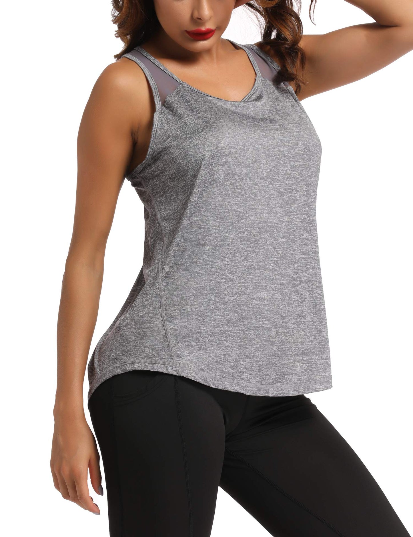 Aeuui Womens Workout Tops for Women Racerback Tank Tops Mesh Yoga Shirts Athletic Running Tank Tops Sleeveless Gym Clothes Grey