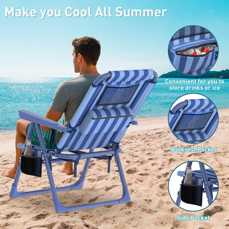 Suteck Backpack Beach Chair for Adults - 6-Position Folding Reclining Chair with Cooler Bag & Cup Holder, Lightweight Portable Beach Chair for Camping, Outdoor, Sand, Travel Use