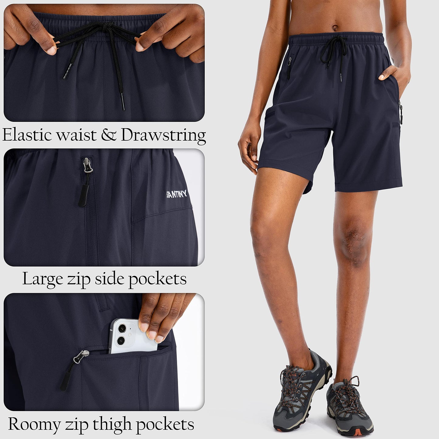 SANTINY Women's 5''/ 7''/9'' Hiking Cargo Shorts Quick Dry Lightweight Summer Shorts for Women Athletic Golf Zipper Pockets(Navy_L)