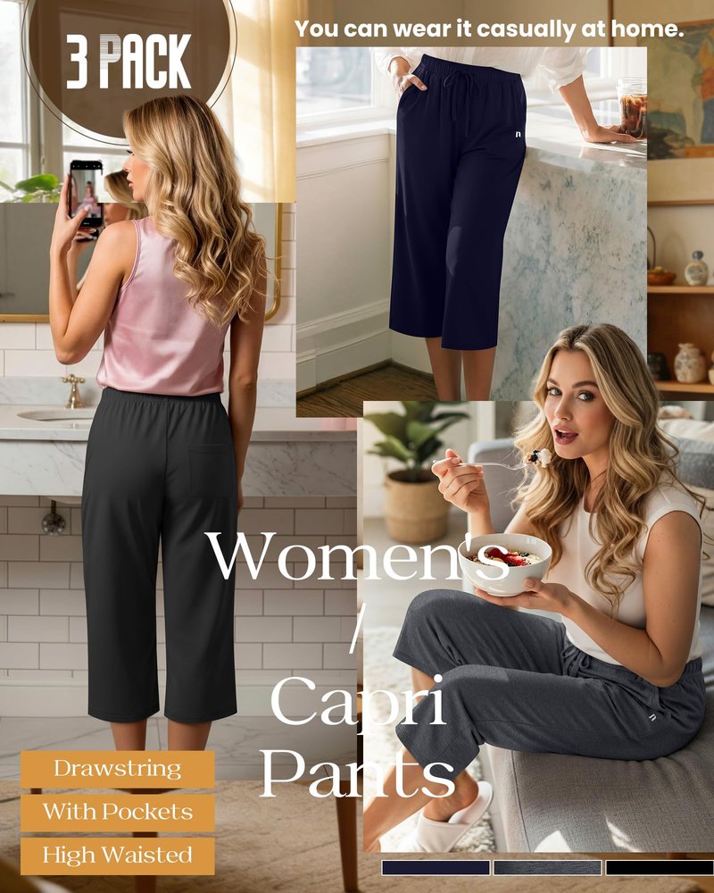 Neer 3 Pack Women's Capri Pants, Wide Leg Basic Sweatpants Lounge Loose Fit Casual Drawstring Yoga Capris with Pockets(Black, Dark Mixed Gray, Navy Blue,X-Large)