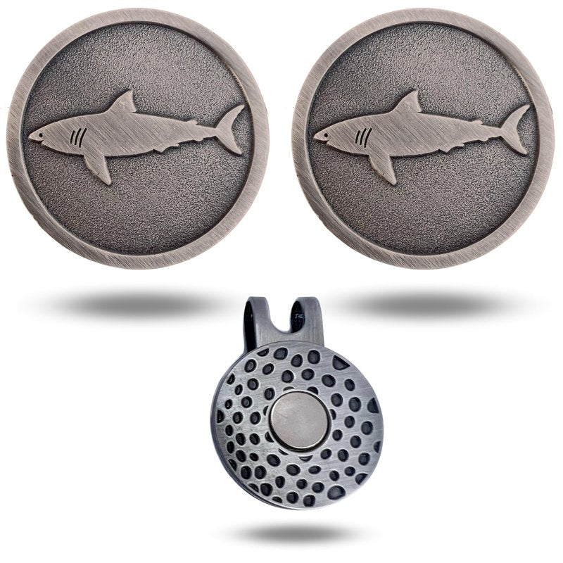 Full Metal Markers Shark Unique Magnetic Metal Golf Ball Marker Accessory with Hat Clip for Men and Women (2 Ball Markers + 1 Hat Clip)