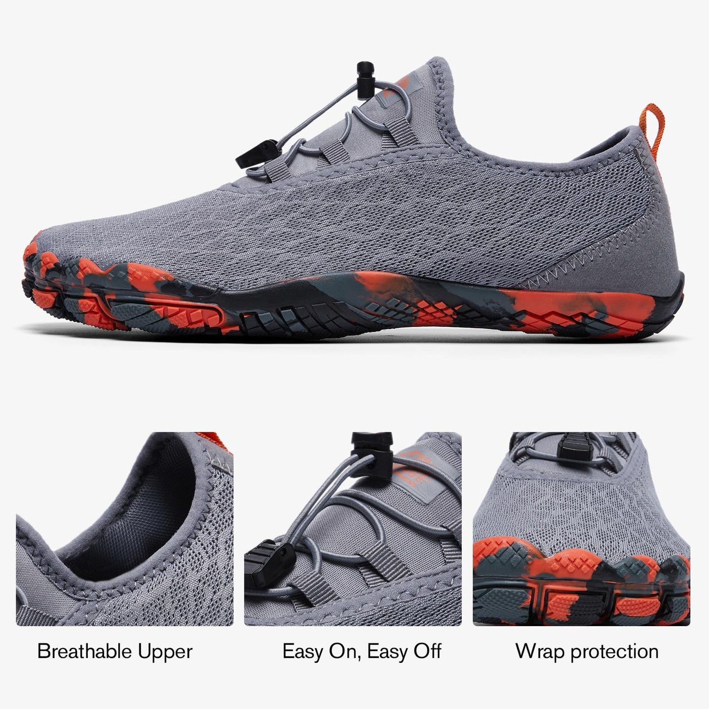 ALEADER Men's Barefoot Water Shoes - Quick Drying, Five Fingers, Slip On - Beach, Surfing, Kayaking - Dark Grey/Orange, Size 8 US