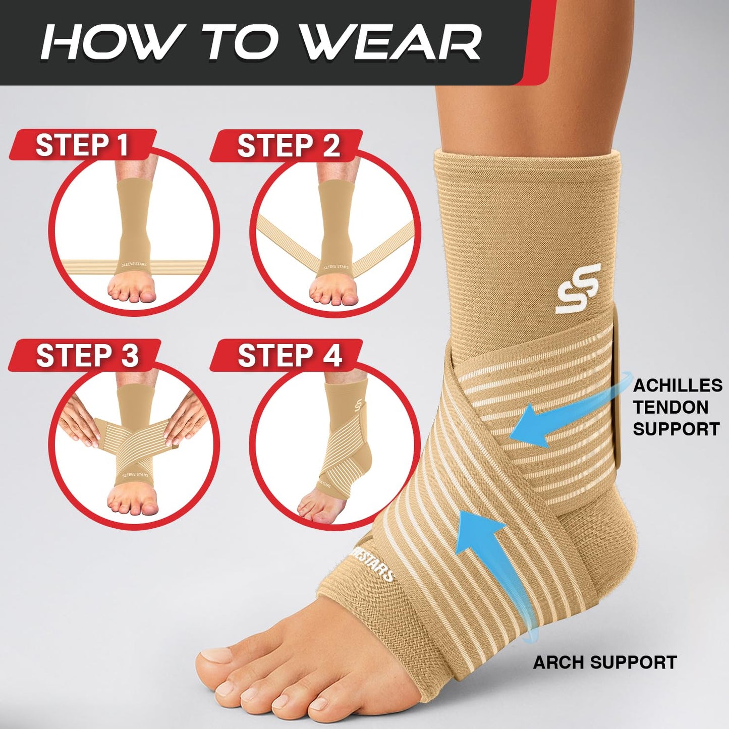 Sleeve Stars Ankle Brace for Women & Men, Ankle Wrap for Sprained Ankle, Compression Sleeve for Plantar Fasciitis Relief, Easy Customizable Support: w/Removable Strap (Single/S:9"-10"/Beige)