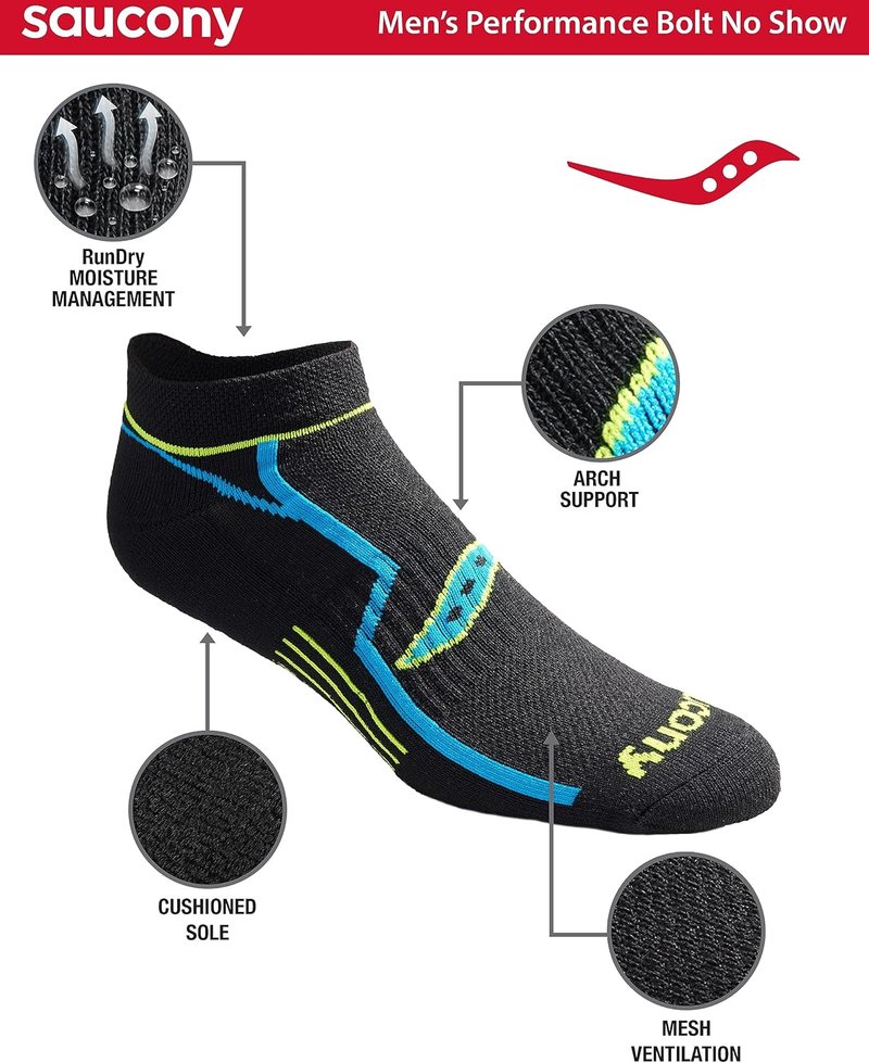 Saucony Men's Rundry Bolt Performance No-Show Socks - M-XXL | 6, 12, 18 Pairs Available