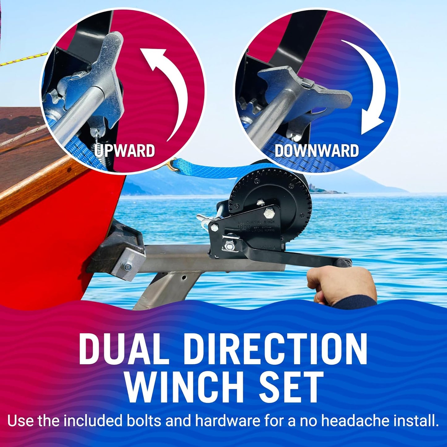 Boat Trailer Winch - Heavy Duty Manual Hand Crank with Strap & Hook | One-Speed Ratchet Gear for Towing Trailers & Boats