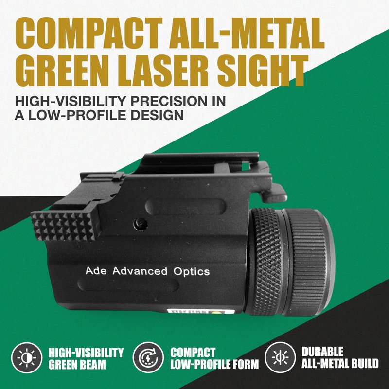 ADE Advanced Optics – Ultra Compact Green Laser + Light for Pistol Rails – Bright Class IIIA Beam, Easy Quick-Release Mount, CR2 Powered, Adjustable Windage & Elevation for Precise Alignment