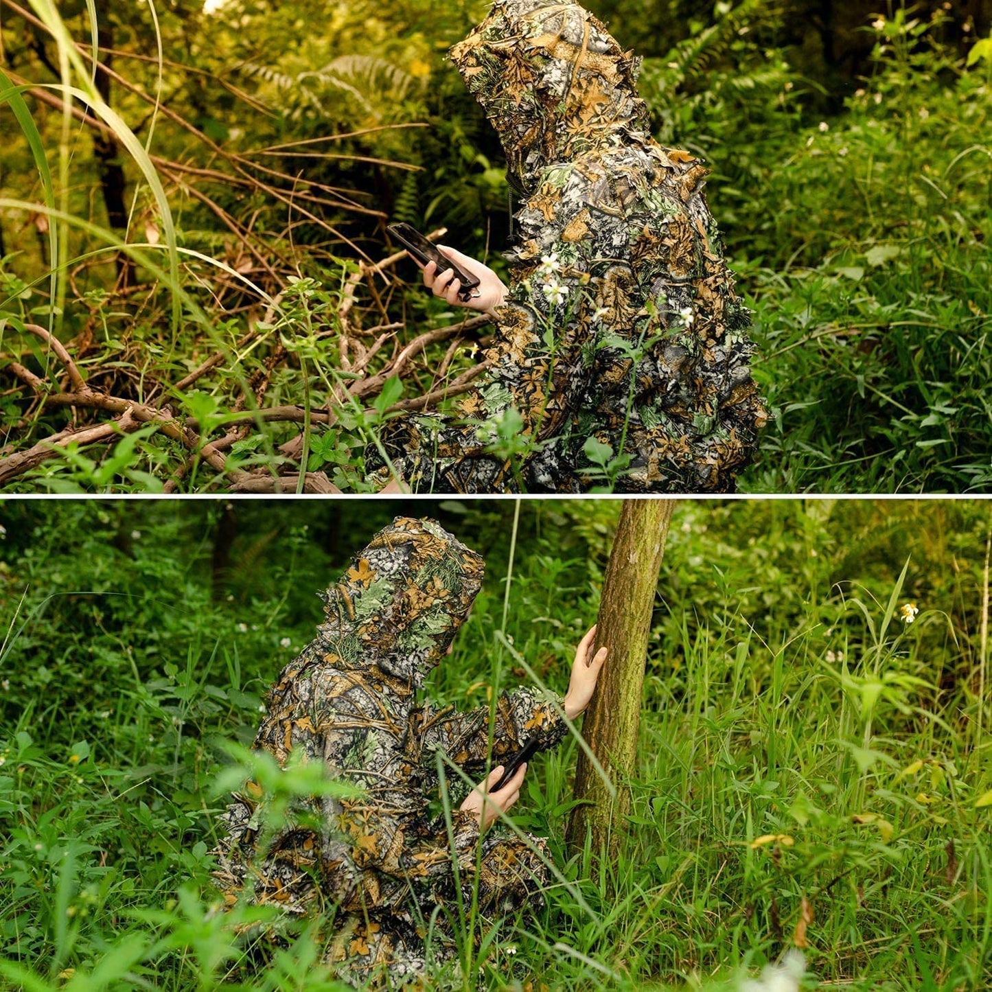 Monfasye Ghillie Suit, 3D Leafy Camo Hunting Suits Breathable Woodland Gillies Costume Jungle Clothing (XL/XXL)