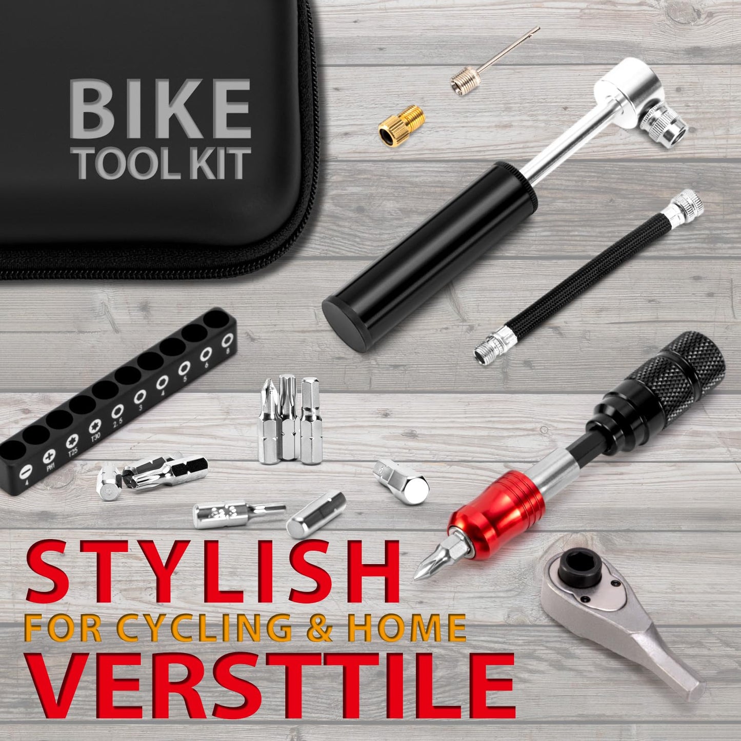 EMERK Bike Repair Tool Kit, Portable Bicycle Multi Tool with Mini Pump, Ratchet Reversible Tool, 10 Bits, Tire Levers & Carry Bag for Mountain, Road & Electric E-Bike, Presta/Schrader Valve Compatible