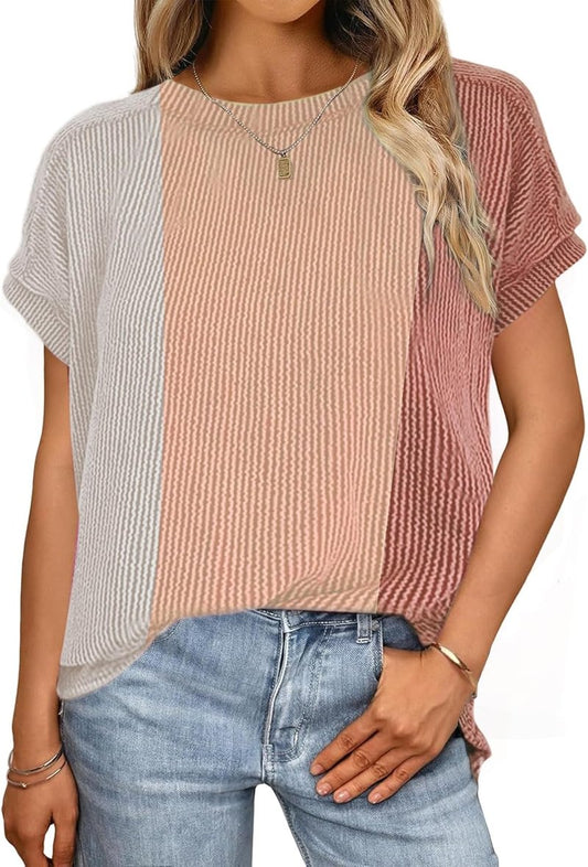 Womens Textured Knit Round Neck T-Shirt - Casual Short Sleeve Tee | Daily Wear