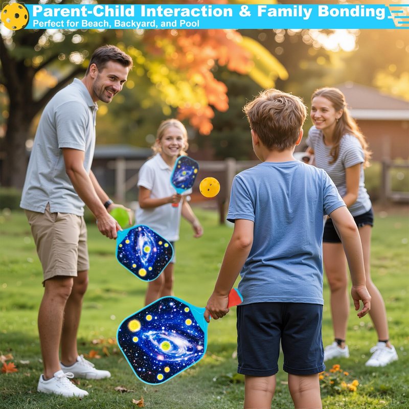 Foayex Kids Pickleball Paddles Set of 2, Outdoor Toys Beach Games, Lightweight Child-Size Pickleball Set Sports Gifts for Boys & Girls 4 5 6 7 8 Year Old - Galaxy