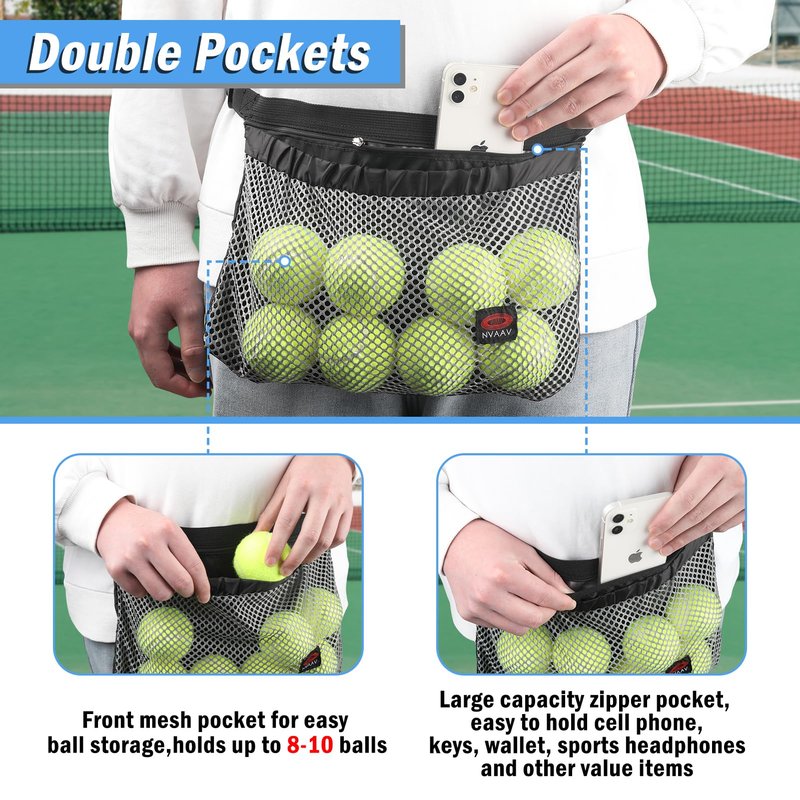NVAAV 2 Pack Tennis Ball Band Holder, Pickleball Waist Pouch Bag with Adjustable Belt, Mesh Waist Hip Ball Bag Storage Pouch Carrier, Fanny Pack Holding 8-10 Balls for Tennis, Pickleball, Golf