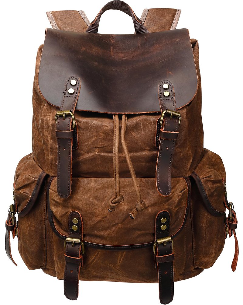HuaChen Vintage Waxed Canvas Backpack with Genuine Leather Flap, Travel & Work Rucksack, Water-Resistant Daypack with Anti-Theft Pocket, Large (15.6"), M80 Brown