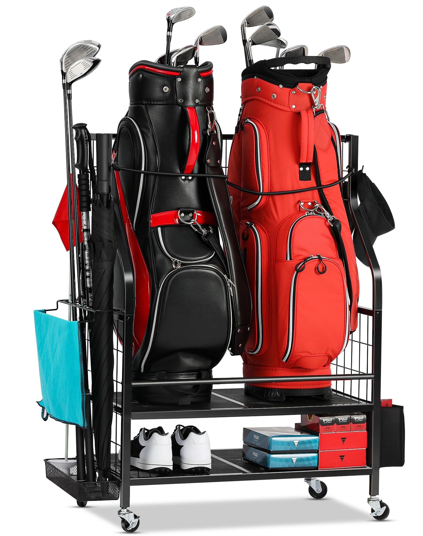 FHXZH Golf Bag Storage Garage Organizer - Golf Bag Stand Fit for 2 Bag, Extra Clubs, Balls, Shoes, and Golf Equipment Accessories, Golf Storage Rack for Garage, Club, Shed (2 Golf Bag Rack)