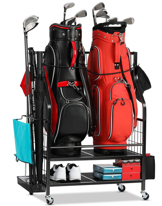FHXZH Golf Bag Storage Garage Organizer - Golf Bag Stand Fit for 2 Bag, Extra Clubs, Balls, Shoes, and Golf Equipment Accessories, Golf Storage Rack for Garage, Club, Shed (2 Golf Bag Rack)