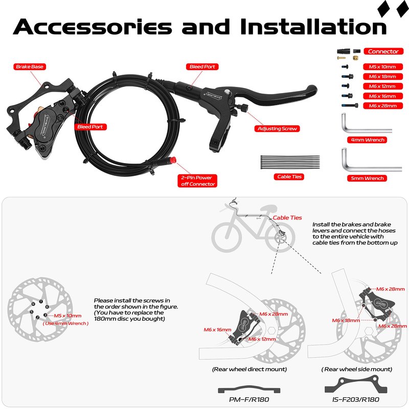 DYISLAND E-Bike Hydraulic Disc Brake Set 4-Pistons/2-Pistons,2-PIN/3-PIN Pre-Bled with Mineral Oil Brakes Kit,Front and Rear Set,180mm 2.3mm Thick Rotors(Black/4-Pistons/2-PIN/R1900mm/Rear brake only)