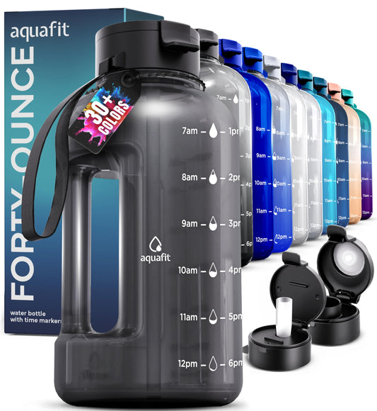 AQUAFIT 40 oz Water Bottle with Time Marker - Straw & Chug Lid - BPA Free Half Gallon Water Bottle, Big Water Bottle with Straw - Gym Water Bottle with Handle, Gallon Water Jug (Gray, 40 oz)