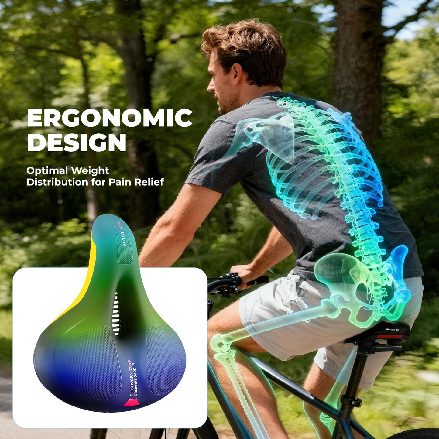 ROCKBROS Bike Seat Cushion for Men Women with Dual Shock Absorbing Ball Memory Foam - Ergonomic Bike Saddle, Handle for Easy Transport Soft Wide Waterproof Exercise Bicycle Seat for Peloton, Road Bike