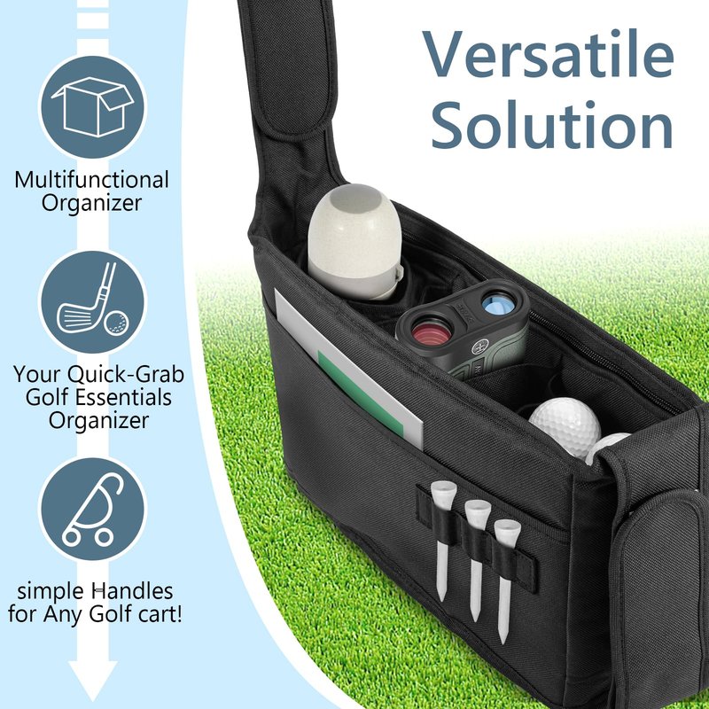 Golf Organizer - Push Cart Accessory with Storage Bag, No-Drilling Pouch, Adjustable Drink Holder - Gift for Men