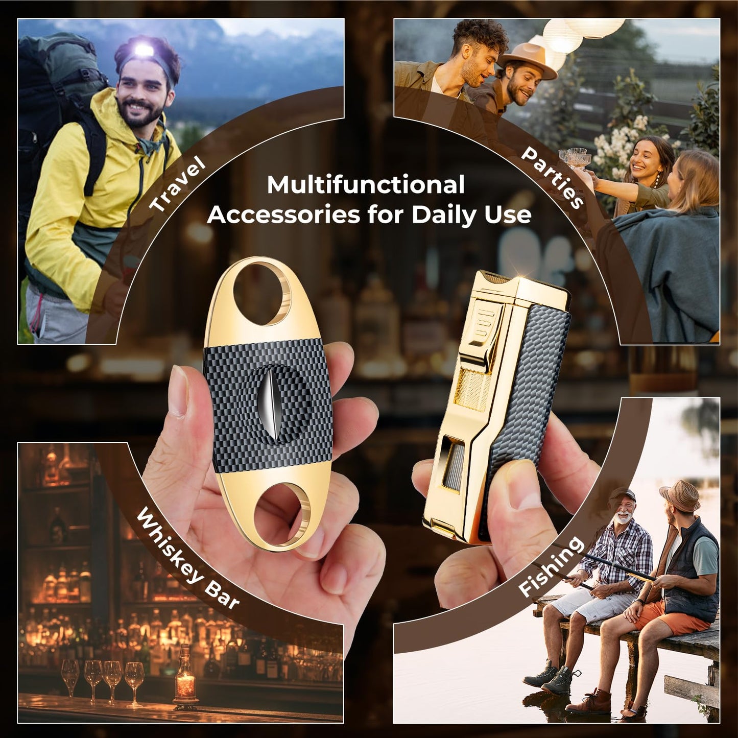Kirenp Butane Torch Lighter and Cutter Set, with Quad Jet Flames (without Butane Fuel (Lighter & V Cutter Set), Carbon Fiber Gold