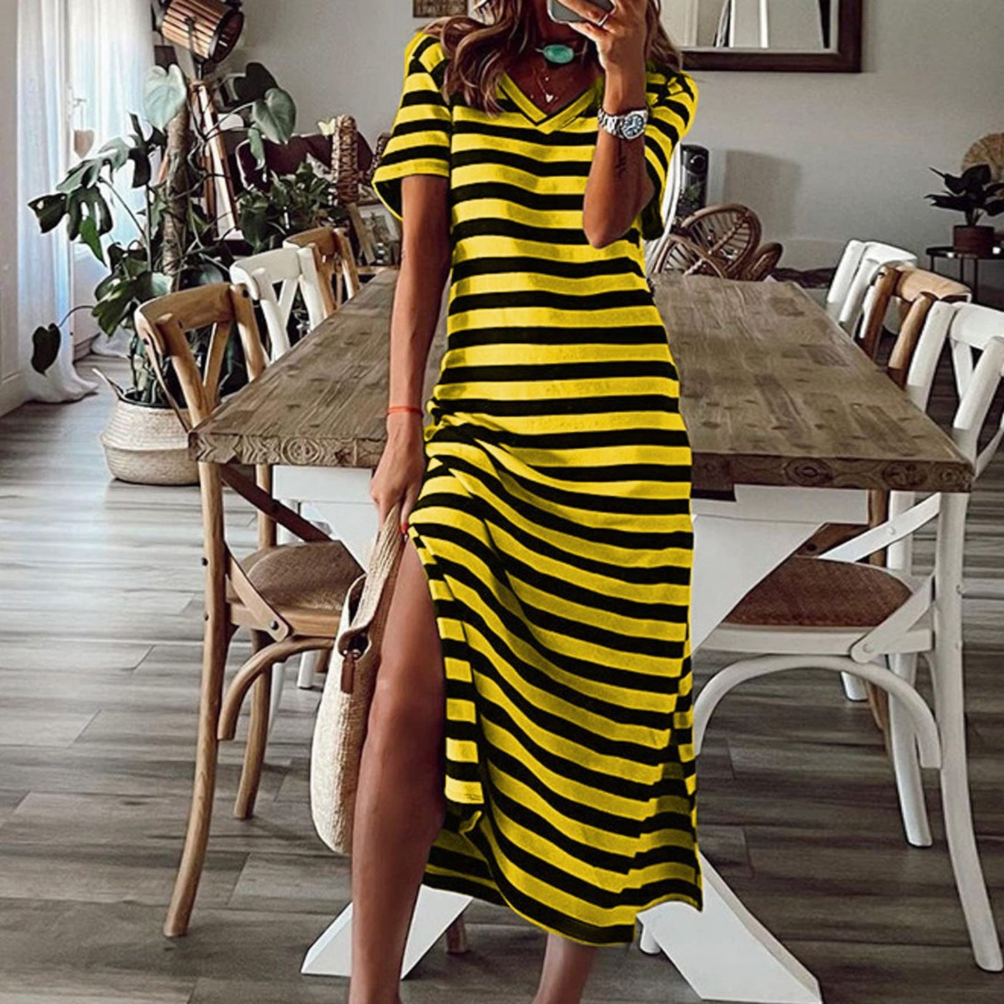 Willisos Maxi Dresses for Women 2024 Women's Summer Maxi Dress Loose Casual Long Dress Striped Short Sleeve Split Sundresses Yellow, Large