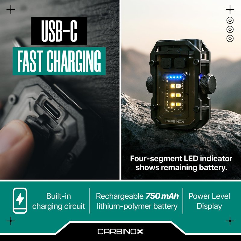 CARBINOX Flashlight Mini, 300 Lumens Rechargeable LED+COB Light, Dual Independent Switches, 7 Modes w/Red-Blue Warning, USB-C Fast Charging, Cap-Clip Hands-Free Use