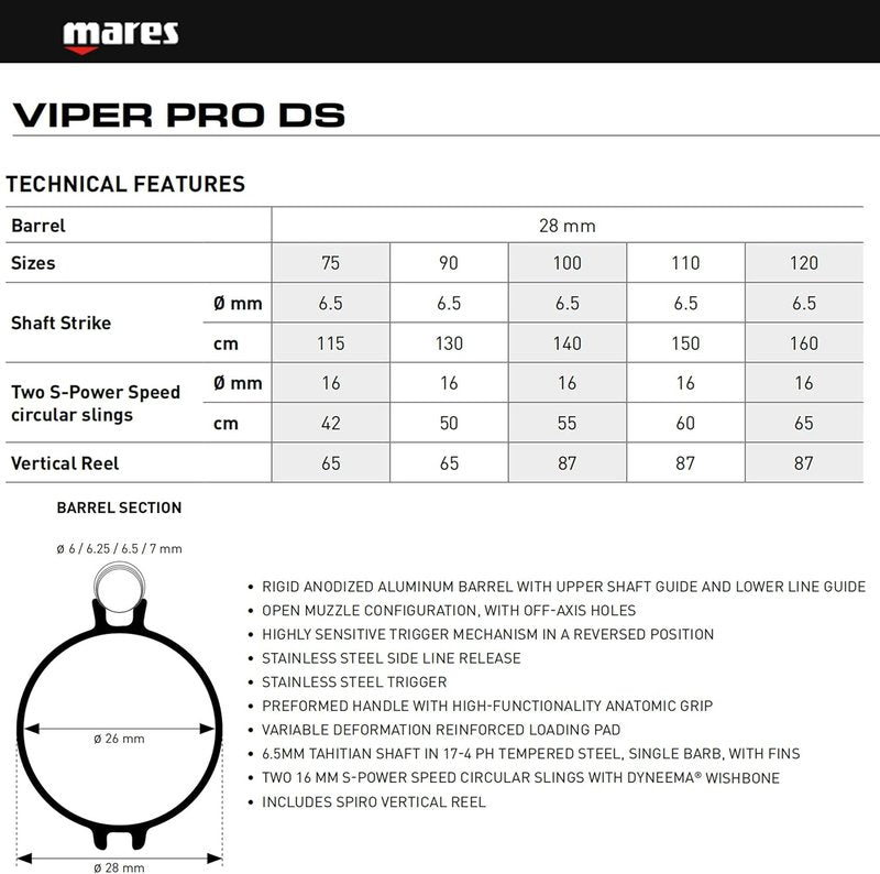 Mares Viper Pro DS Speargun - Pneumatic Spearfishing Gun with Aluminum Barrel & Vertical Spiro Reel