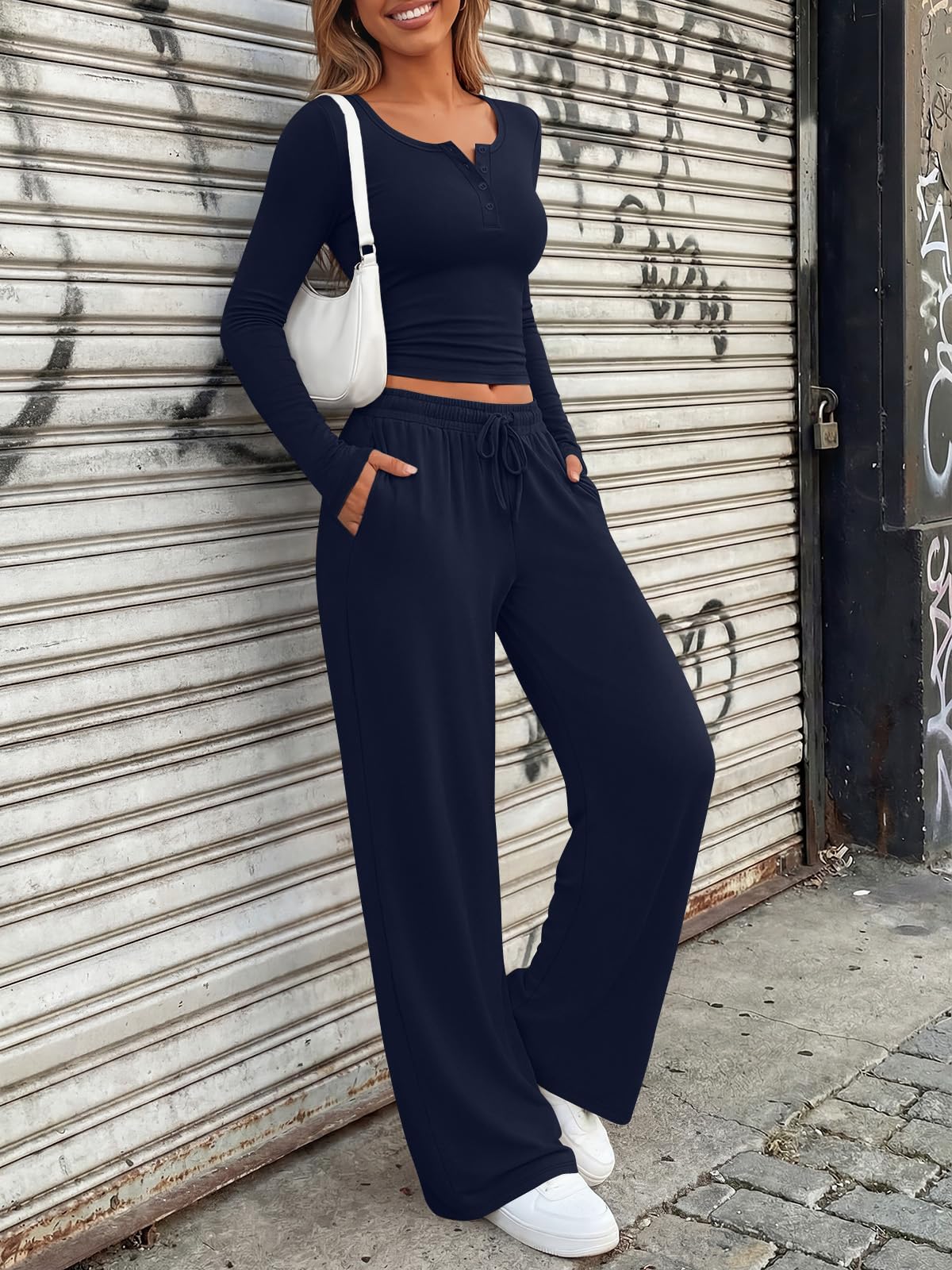 Trendy Queen Women's 2 Two Piece Matching Lounge Sets 2026 Airport Travel Fall Fashion Outfits Crop Top Wide Leg Pants Sweat Suits Workout Gym Y2k Clothes Casual Sweatsuit Loungewear Winter Clothing