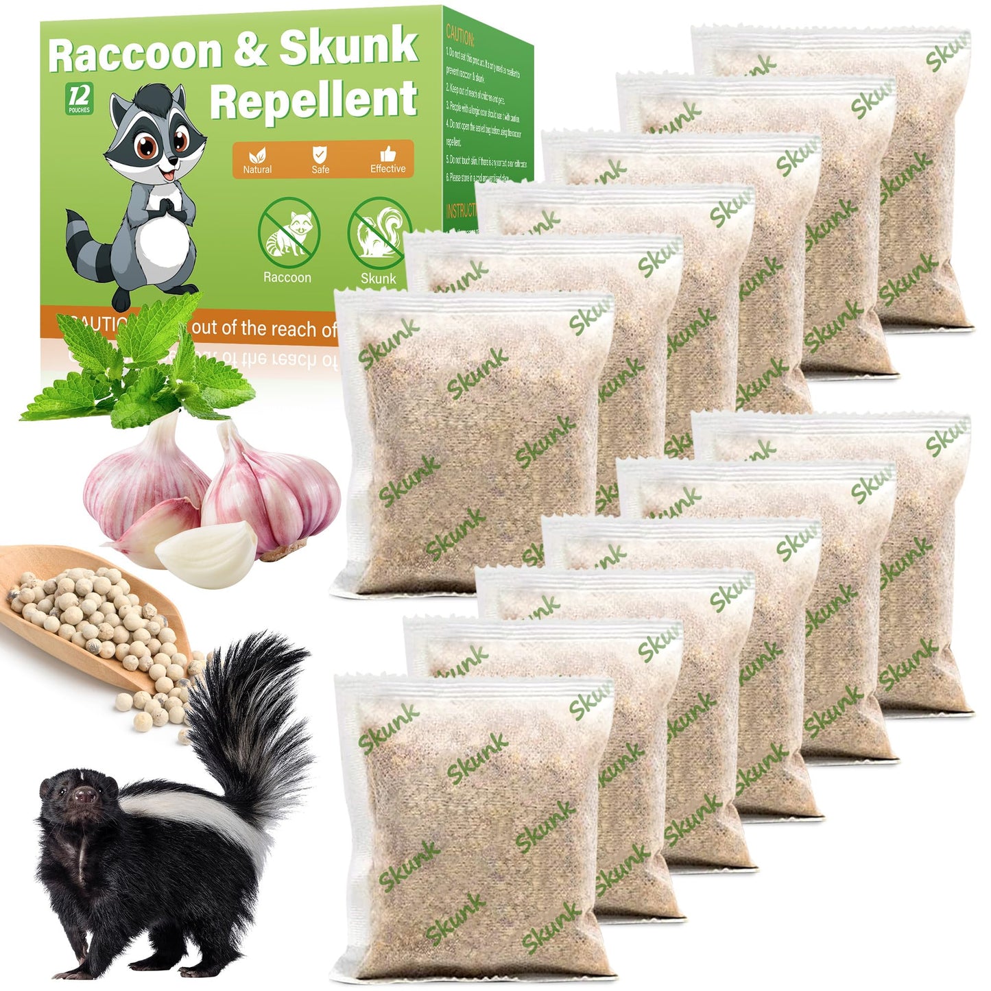 12 Pack Natural Skunk Pouches, Skunk Raccoon Repellent Pouches for Outdoor Yard Garden House | Long-Lasting Protection | Safe for Dogs and Children