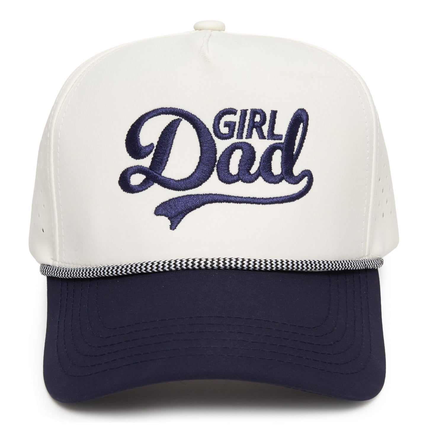 Funky Junque Golf Hat for Men - Performance Waterproof 5 Panel Rope Trucker Snapback, Breathable Workout Cap - Girl Dad - Navy/Beige