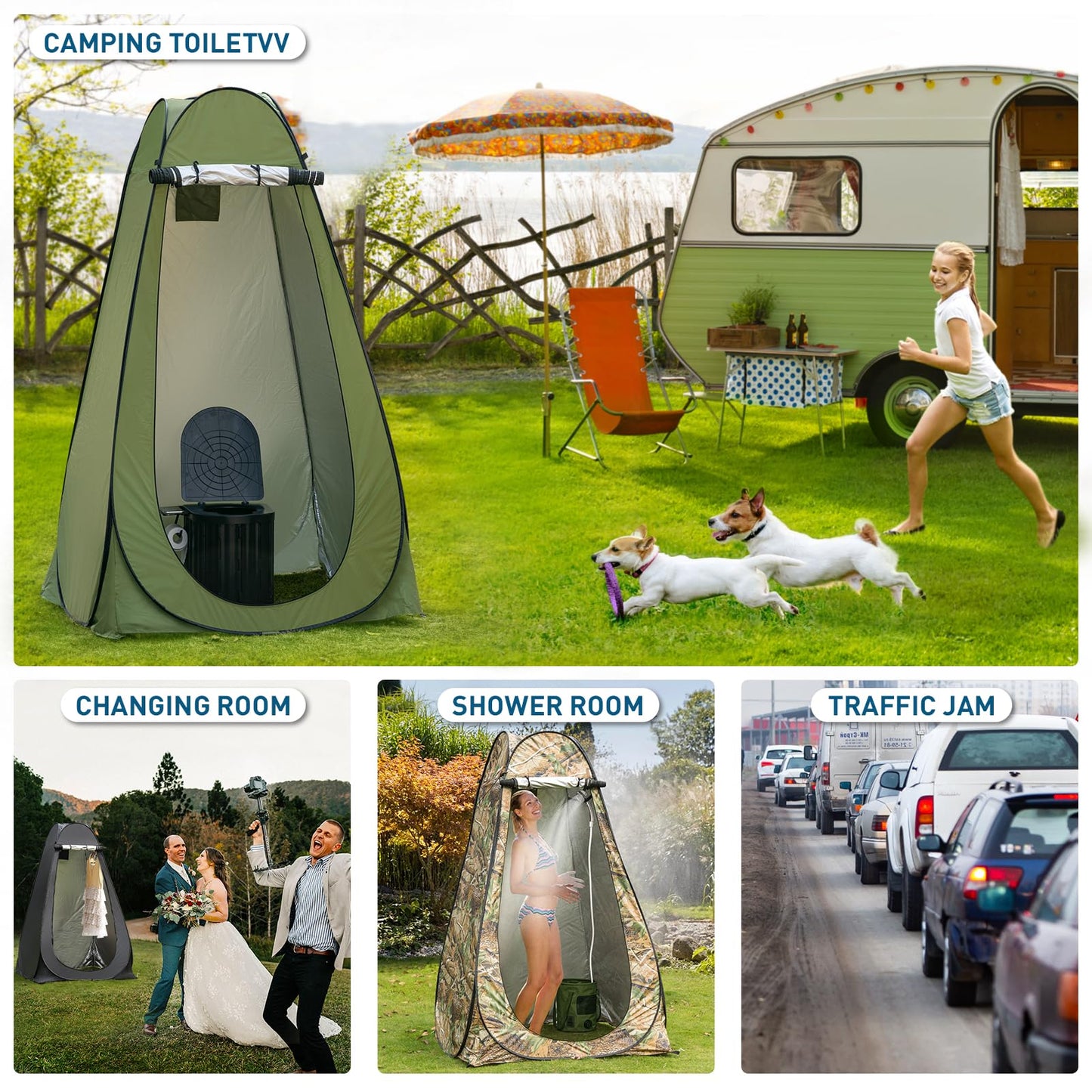 Thallike Portable Camping Toilet with Pop-Up Privacy Tent, 12-inch Toilet Seat, Outdoor Portable Folding Toilet Potty for Adults Load Capacity of 400 Lbs, LED-Light Camping Bathroom (Army Green)