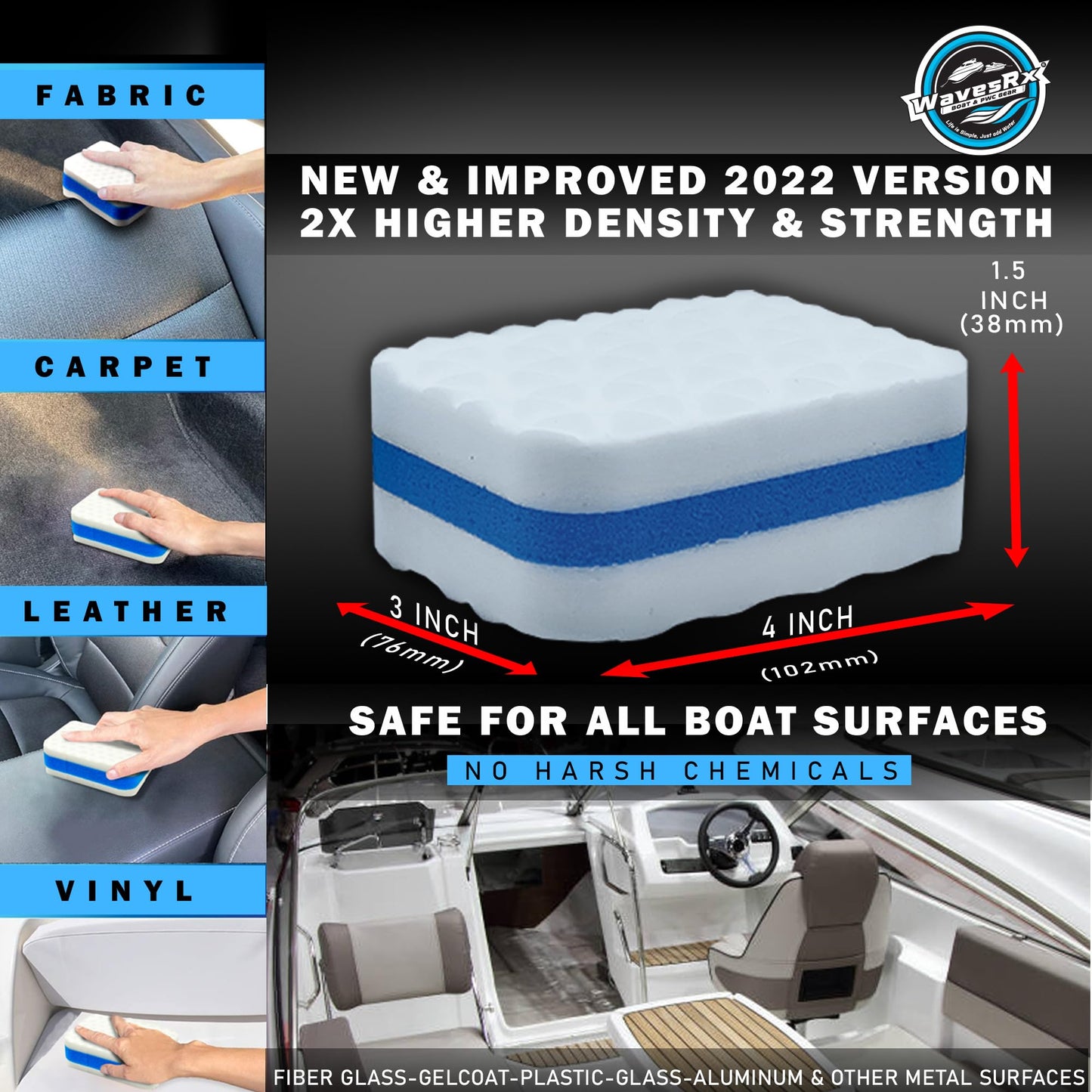 WAVESRX Marine Scuff and Dirt Eraser Sponges for Boats, Jet Ski & PWC | Magic Cleaning Pads Effortlessly Remove Deck Marks, Scratches, Black Streaks and Grease | No Harsh Chemicals (4 Pack)