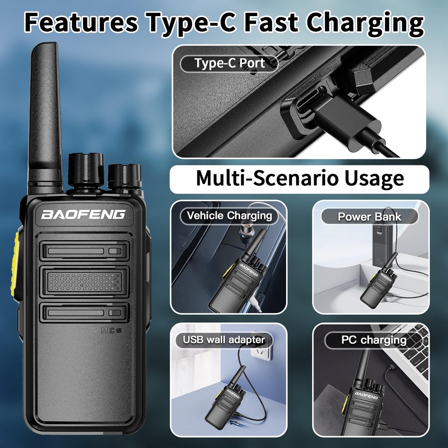 BAOFENG BD-V12B Radio 6 Pack Long Range Walkie Talkies for Adults, Rechargeable Two-Way Radios Walkie Talkies with Earpiece, 6 Way Multi Gang Charger, USB Charging Battery for School,Church,Cruise