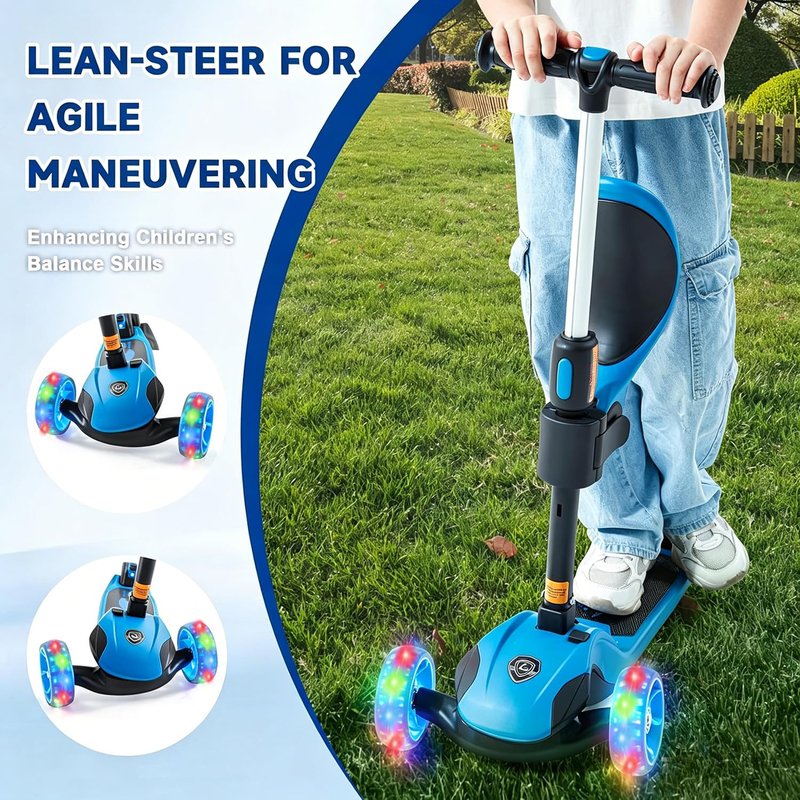 GLAMUP 3-Wheel Scooter for Kids, 2-in-1 Folding Kick Scooter with Removable Seat, Adjustable Height & Safety Lock, Lean-to-Steer, LED Light-Up Wheels for Boys and Girls Ages 3-14, Blue