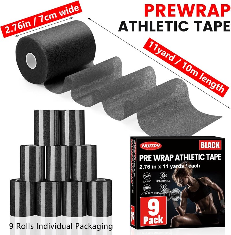 Pre Wrap Athletic Tape - 9 Pack Foam Underwrap for Hair & Sports | 2.76 Inch x 11 Yards - Black