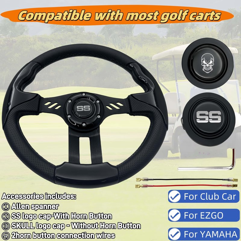WUKO HUNT Luxury Style Golf Cart Steering Wheel - With Horn Button, with Premium Grip Leather and Ergonomic Design, Fit EZGO TXT/RXV/Club Car DS/Precedent/Yamaha Most Golf Carts (Black-Skull/SS)