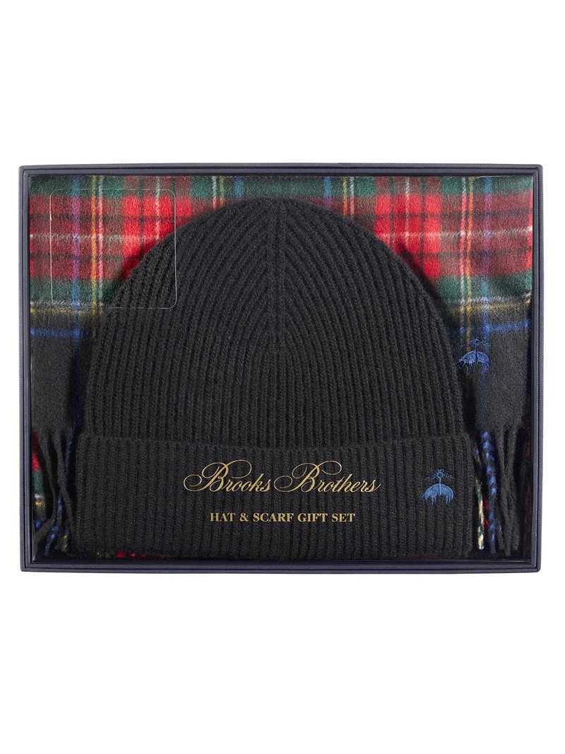 Brooks Brothers Signature Wool and Cashmere Woven Scarf & Ribbed Knit Beanie Boxed Gift Set for Men - Elegantly Boxed Men's Luxury Winter Present, Black Hat/Black-Blue Plaid Scarf