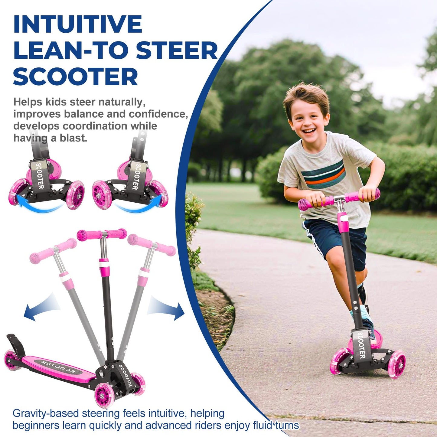 Kids 3-Wheel Kick Scooter – Adjustable Height, Gravity Steering, & LED Wheels, Foldable for Travel, Durable Metal Frame Supports up to 180 lbs