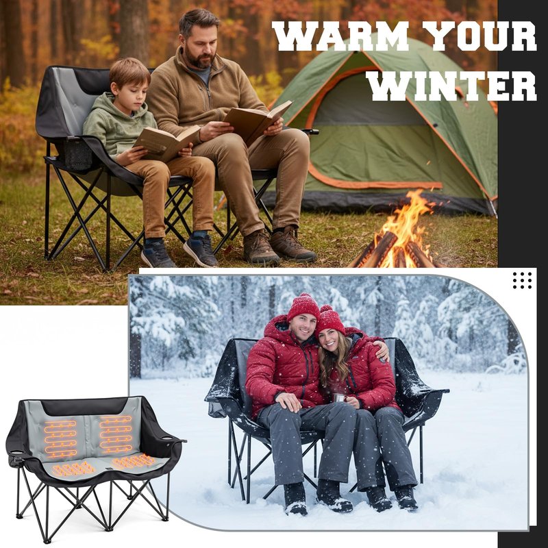 Heated Double Camping Chair for Adults, 4 Heating Zones & 3 Heat Levels, Padded Loveseat Oversize Folding Chair Portable for Outdoor Sports Lawn, Use 5v/3a Power Bank (Not Included)(Black, Gray)