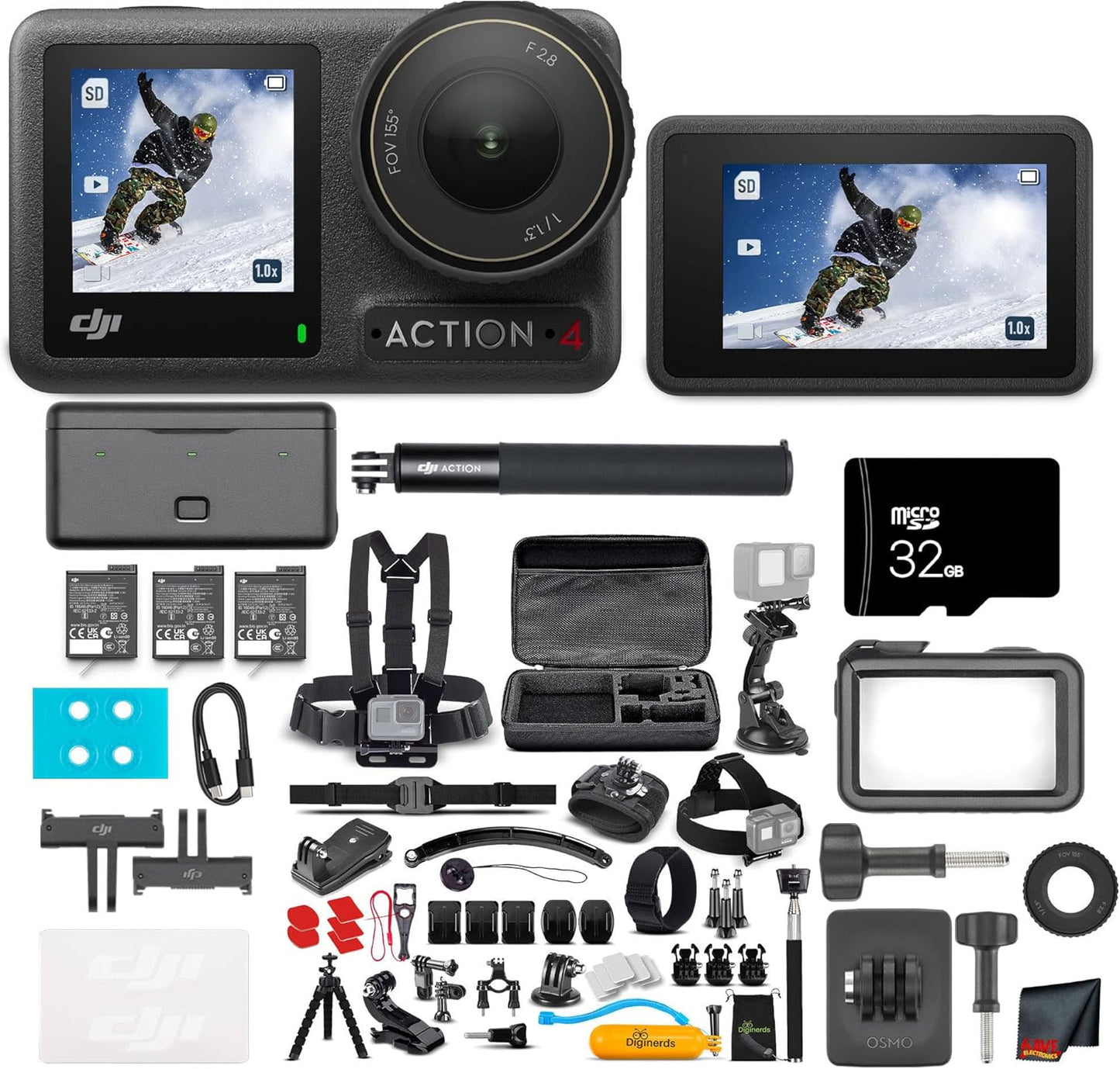 DJI Osmo Action 4 Camera Adventure Combo - 4K UHD Waterproof Vlogging Camera | Dual Screens, Stabilization, 32GB Card & Accessories