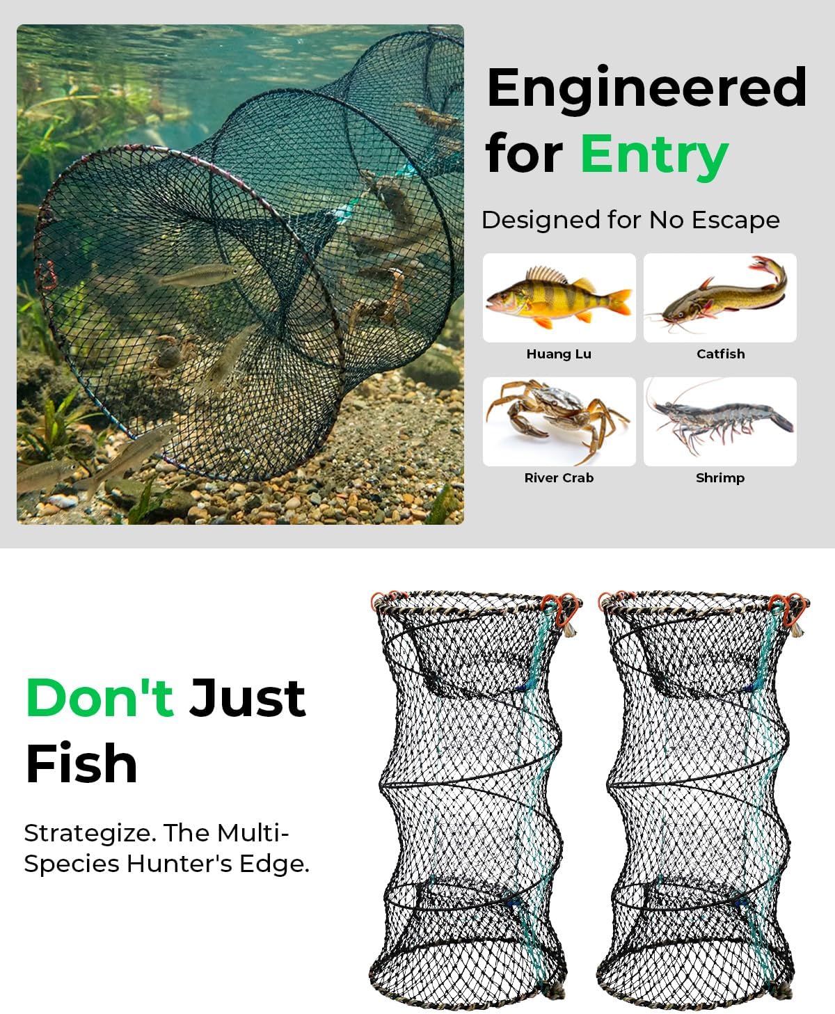 Collapsible Crab Trap - 3 Pack Hexagon Crawfish & Bait Net | 12"x21" with 1" Entry Holes, Portable Galvanized Steel
